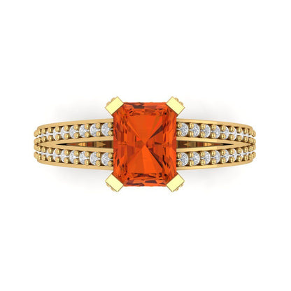 2.45 cttw Zirconia Simulated Red Diamond Solitaire with Zirconia Simulated Diamond Accents Engagement Ring - Solid Yellow Gold (VVS1, Emerald Cut,8x6mm)