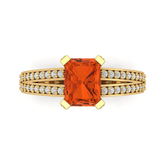 2.45 cttw Zirconia Simulated Red Diamond Solitaire with Zirconia Simulated Diamond Accents Engagement Ring - Solid Yellow Gold (VVS1, Emerald Cut,8x6mm)