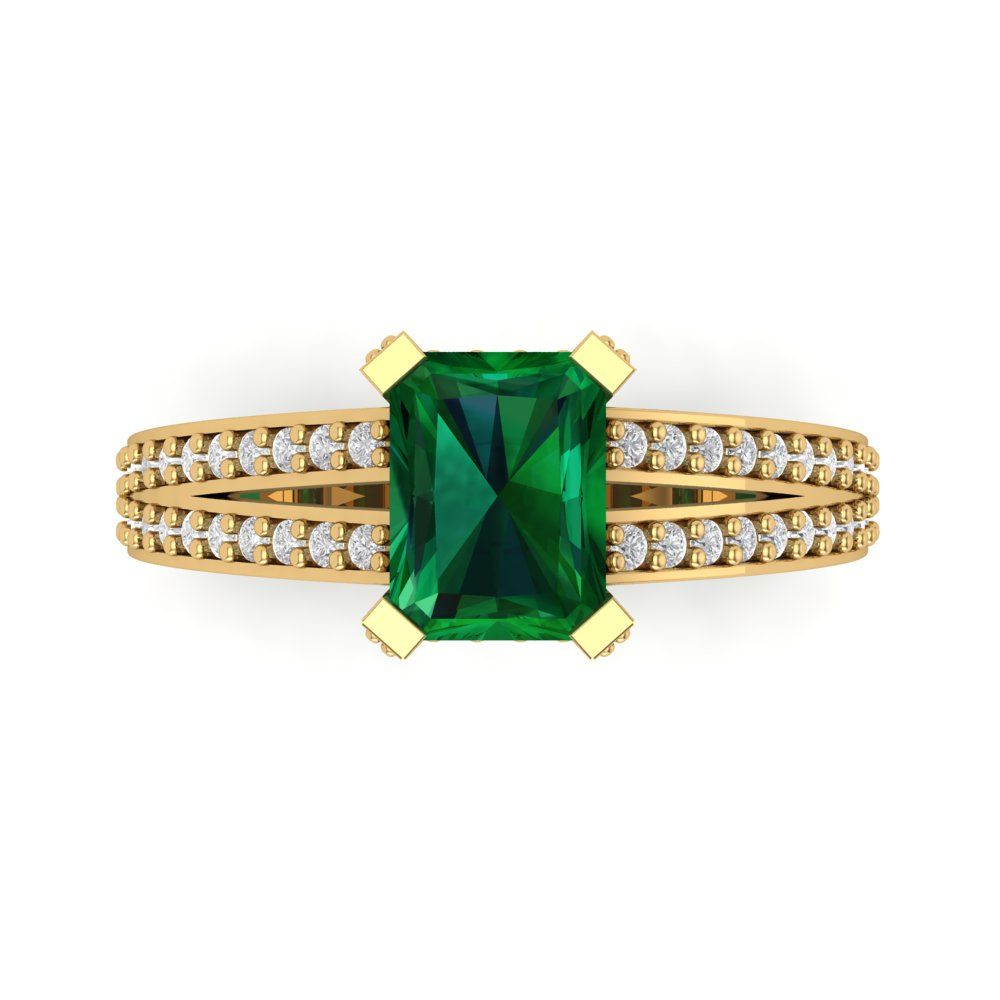 2.45 cttw Simulated Emerald Solitaire with Zirconia Simulated Diamond Accents Engagement Ring - Solid Yellow Gold (VVS1, Emerald Cut,8x6mm)