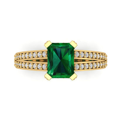 2.45 cttw Simulated Emerald Solitaire with Zirconia Simulated Diamond Accents Engagement Ring - Solid Yellow Gold (VVS1, Emerald Cut,8x6mm)