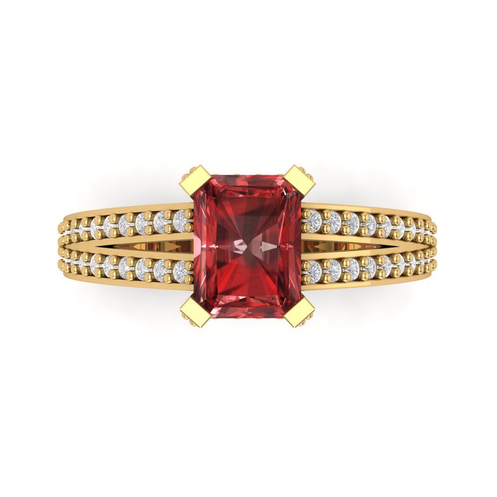 2.45 cttw Natural Garnet Solitaire with Zirconia Simulated Diamond Accents Engagement Ring - Solid Yellow Gold (VVS1, Emerald Cut,8x6mm)
