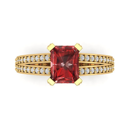 2.45 cttw Natural Garnet Solitaire with Zirconia Simulated Diamond Accents Engagement Ring - Solid Yellow Gold (VVS1, Emerald Cut,8x6mm)