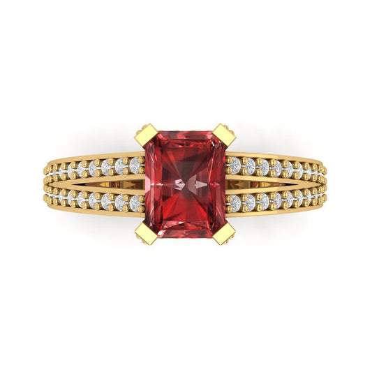 2.45 cttw Natural Garnet Solitaire with Zirconia Simulated Diamond Accents Engagement Ring - Solid Yellow Gold (VVS1, Emerald Cut,8x6mm)