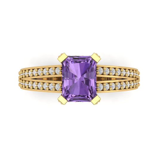 2.45 cttw Simulated Alexandrite Solitaire with Zirconia Simulated Diamond Accents Engagement Ring - Solid Yellow Gold (VVS1, Emerald Cut,8x6mm)