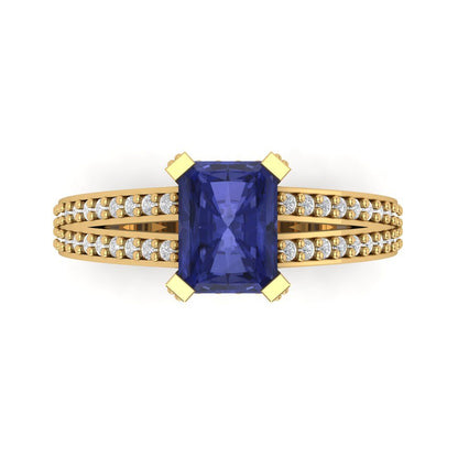 2.45 cttw Simulated Tanzanite Solitaire with Zirconia Simulated Diamond Accents Engagement Ring - Solid Gold (Emerald Cut,8x6mm)