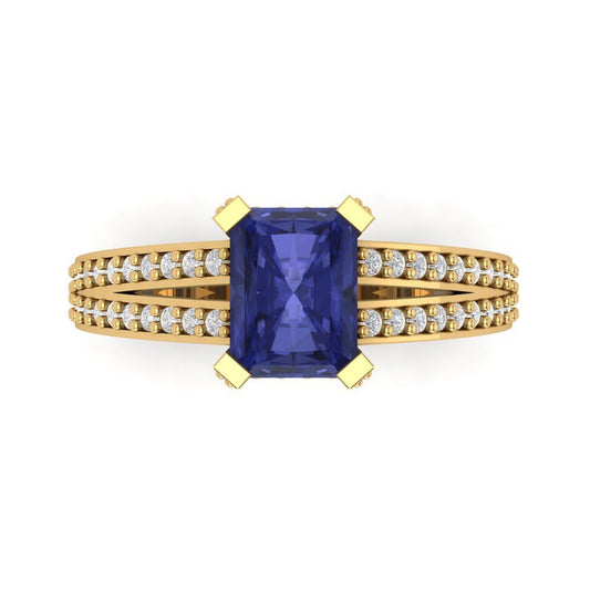 2.45 cttw Simulated Tanzanite Solitaire with Zirconia Simulated Diamond Accents Engagement Ring - Solid Yellow Gold (VVS1, Emerald Cut,8x6mm)