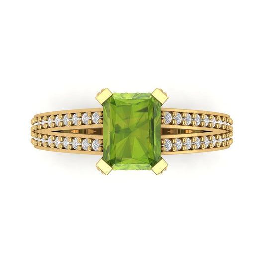 2.45 cttw Natural Peridot Solitaire with Zirconia Simulated Diamond Accents Engagement Ring - Solid Yellow Gold (VVS1, Emerald Cut,8x6mm)