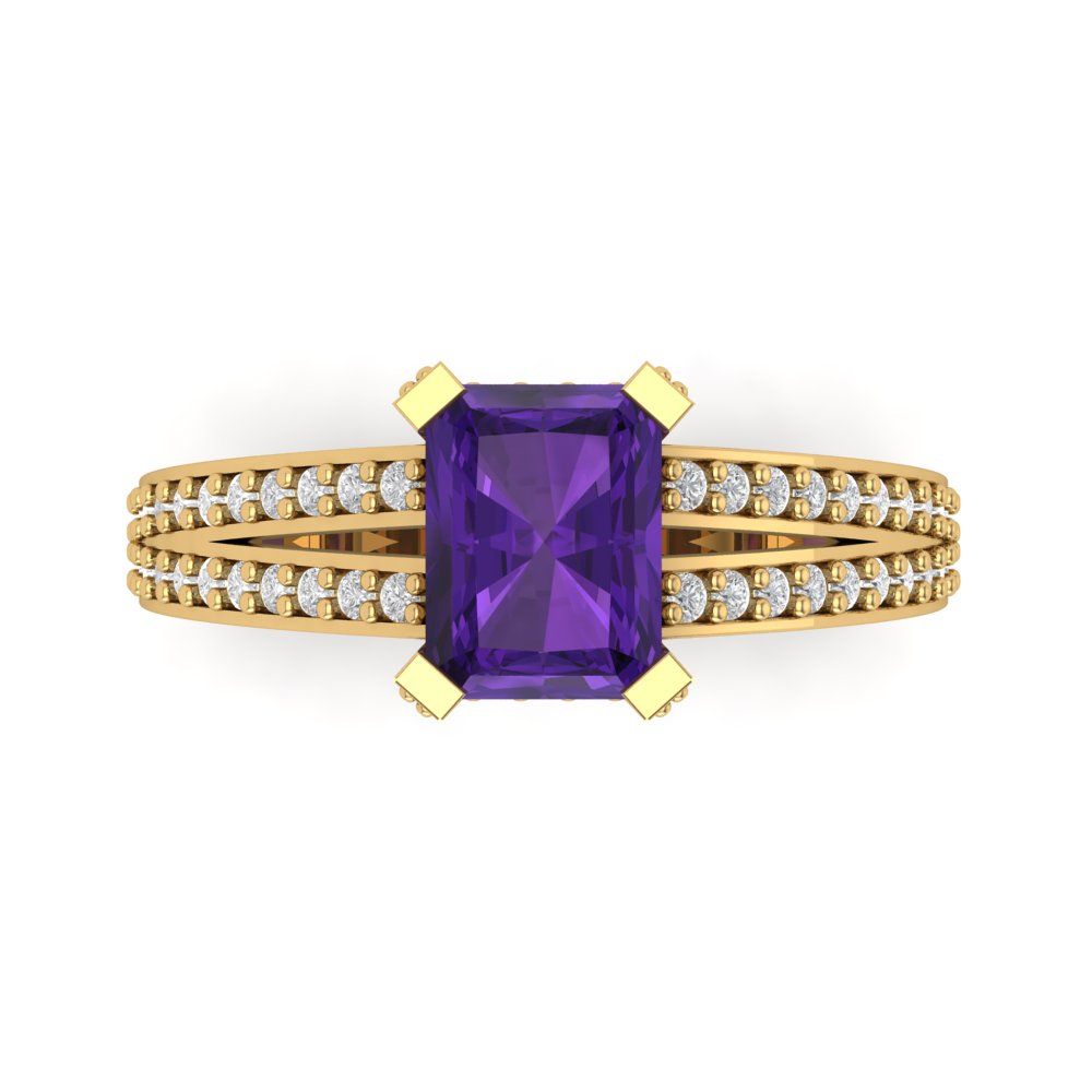 2.45 cttw Natural Amethyst Solitaire with Zirconia Simulated Diamond Accents Engagement Ring - Solid Gold (Emerald Cut,8x6mm)