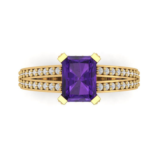 2.45 cttw Natural Amethyst Solitaire with Zirconia Simulated Diamond Accents Engagement Ring - Solid Yellow Gold (VVS1, Emerald Cut,8x6mm)
