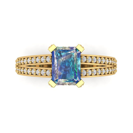 2.45 cttw Blue Moissanite Solitaire with Zirconia Simulated Diamond Accents Engagement Ring - Solid Yellow Gold (VVS1, Emerald Cut,8x6mm)