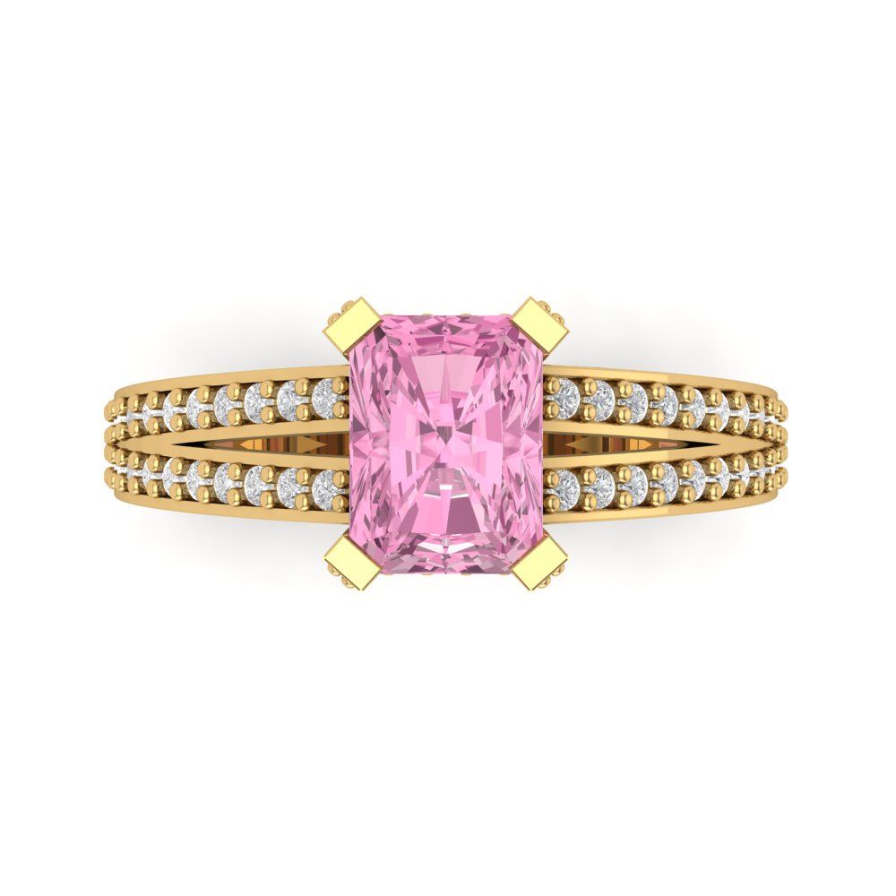 2.45 cttw Zirconia Simulated Pink Diamond Solitaire with Zirconia Simulated Diamond Accents Engagement Ring - Solid Yellow Gold (VVS1, Emerald Cut,8x6mm)