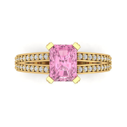 2.45 cttw Zirconia Simulated Pink Diamond Solitaire with Zirconia Simulated Diamond Accents Engagement Ring - Solid Yellow Gold (VVS1, Emerald Cut,8x6mm)