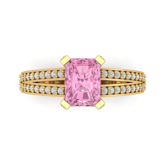 2.45 cttw Zirconia Simulated Pink Diamond Solitaire with Zirconia Simulated Diamond Accents Engagement Ring - Solid Yellow Gold (VVS1, Emerald Cut,8x6mm)