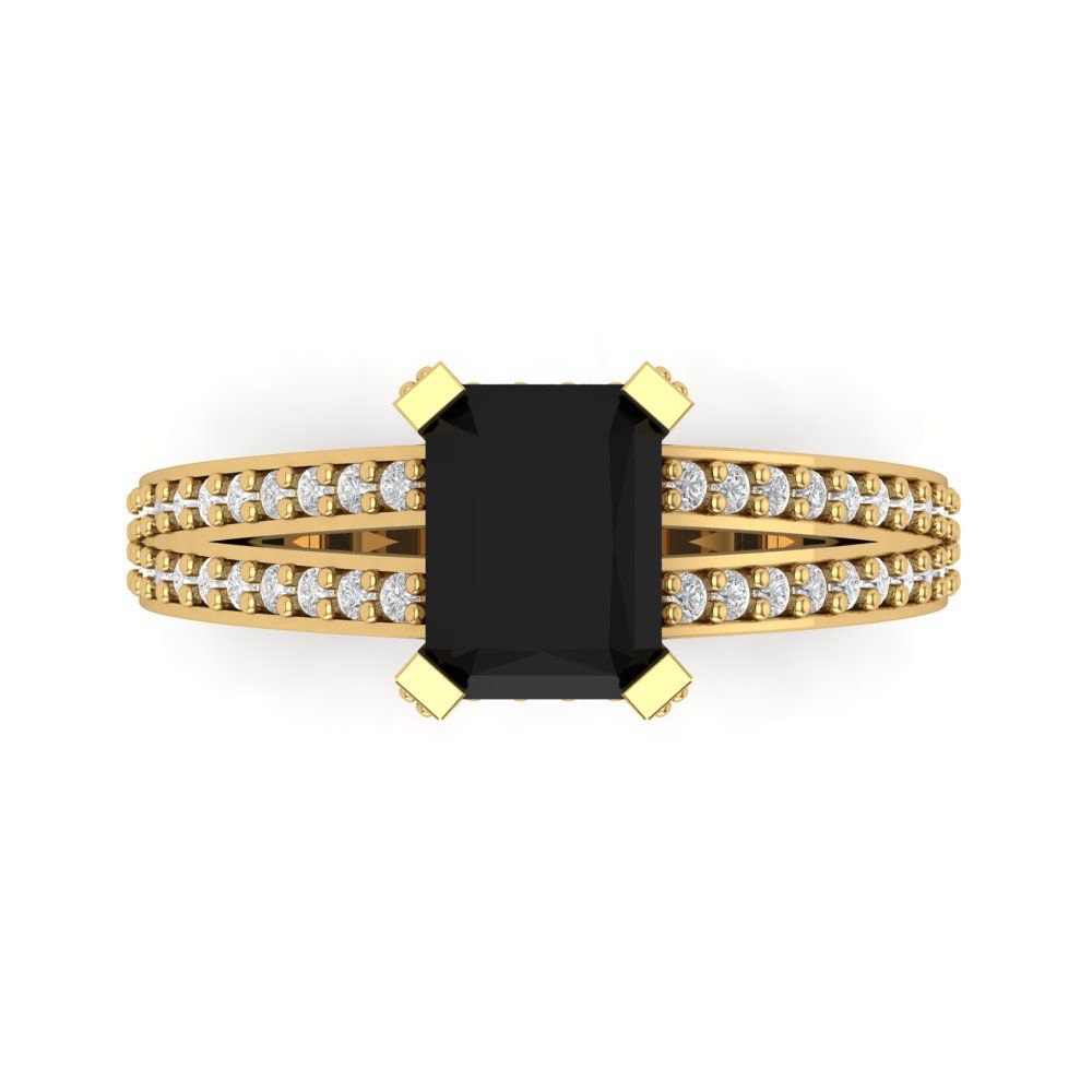 2.45 cttw Natural Onyx Solitaire with Zirconia Simulated Diamond Accents Engagement Ring - Solid Yellow Gold (VVS1, Emerald Cut,8x6mm)