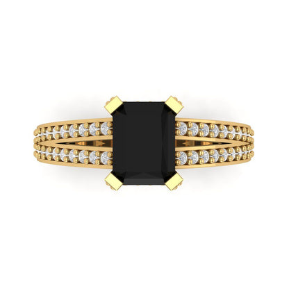 2.45 cttw Natural Onyx Solitaire with Zirconia Simulated Diamond Accents Engagement Ring - Solid Yellow Gold (VVS1, Emerald Cut,8x6mm)
