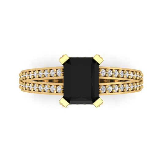 2.45 cttw Natural Onyx Solitaire with Zirconia Simulated Diamond Accents Engagement Ring - Solid Yellow Gold (VVS1, Emerald Cut,8x6mm)