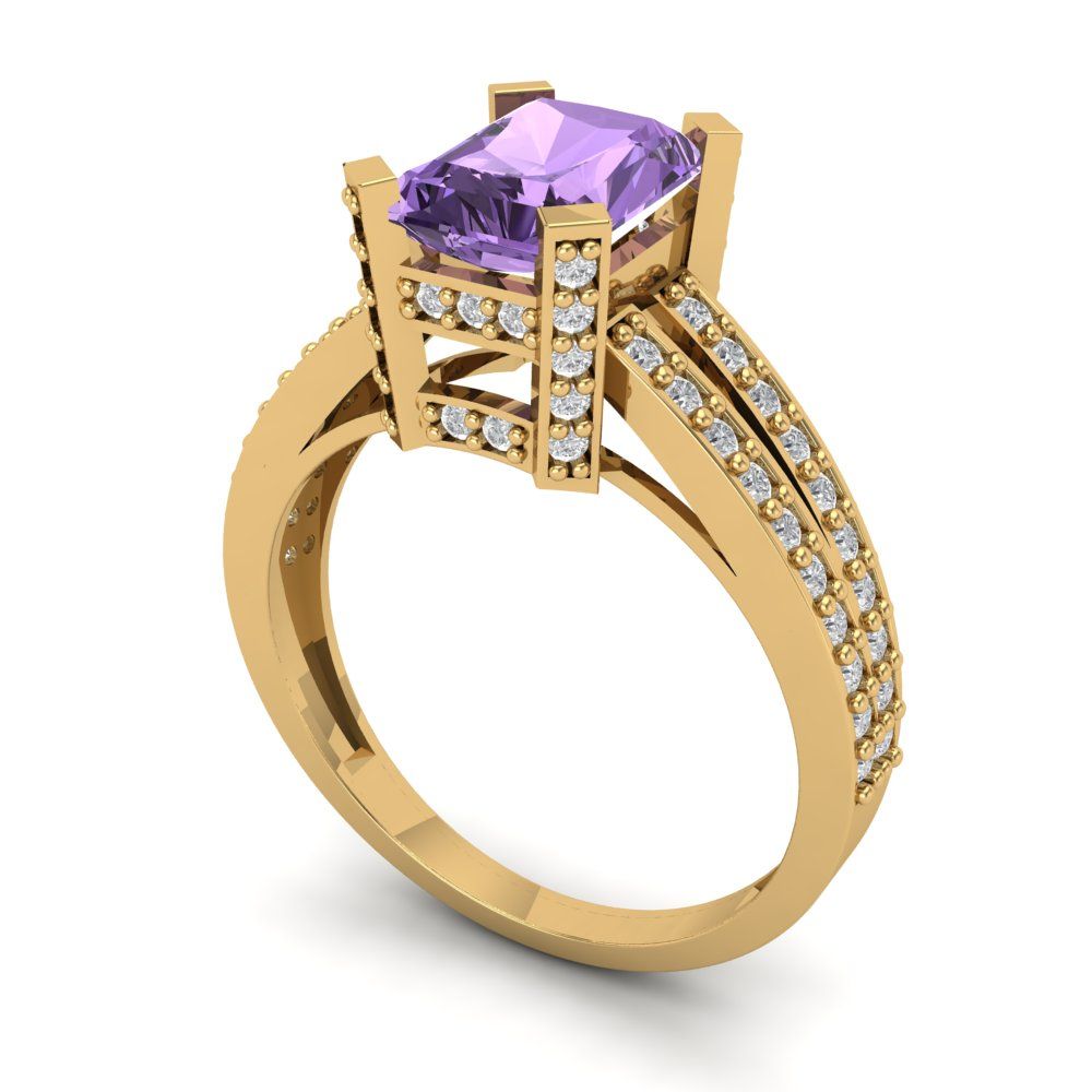 2.45 cttw Simulated Alexandrite Solitaire with Zirconia Simulated Diamond Accents Engagement Ring - Solid Yellow Gold (VVS1, Emerald Cut,8x6mm)