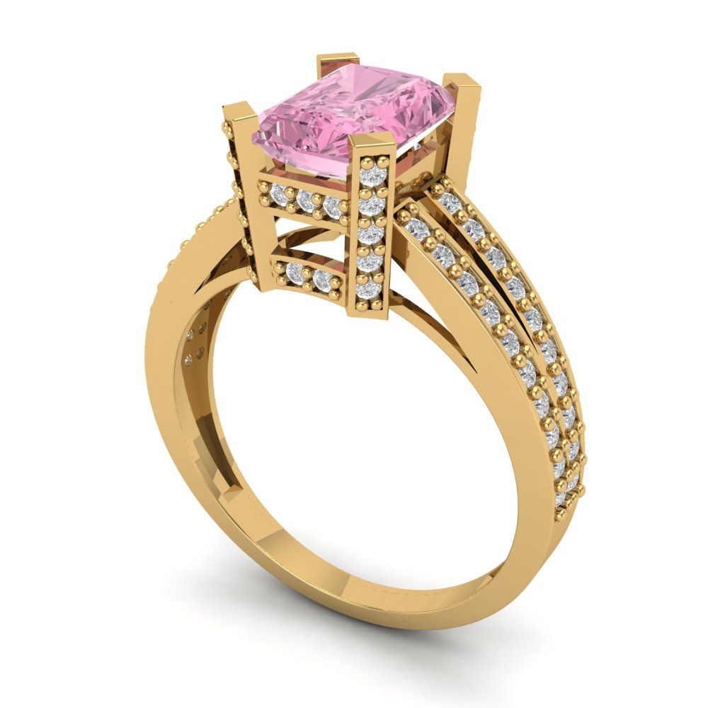 2.45 cttw Zirconia Simulated Pink Diamond Solitaire with Zirconia Simulated Diamond Accents Engagement Ring - Solid Yellow Gold (VVS1, Emerald Cut,8x6mm)
