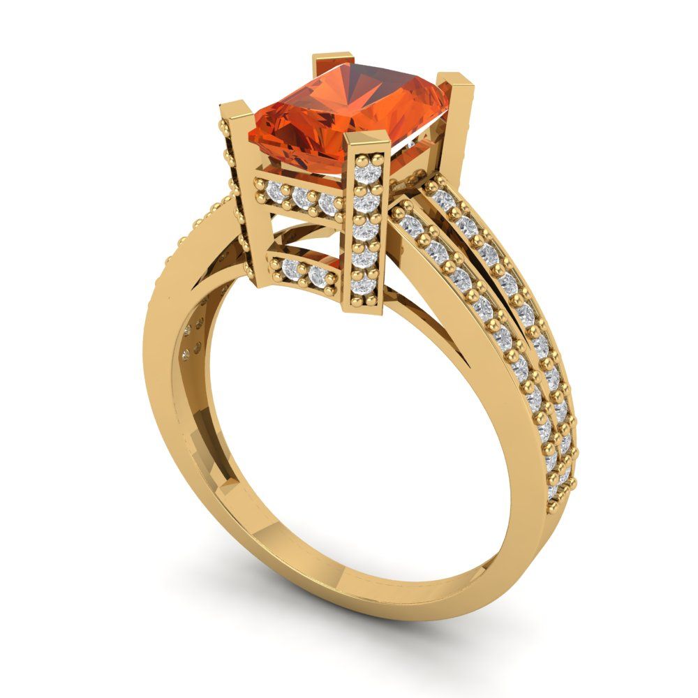 2.45 cttw Zirconia Simulated Red Diamond Solitaire with Zirconia Simulated Diamond Accents Engagement Ring - Solid Yellow Gold (VVS1, Emerald Cut,8x6mm)