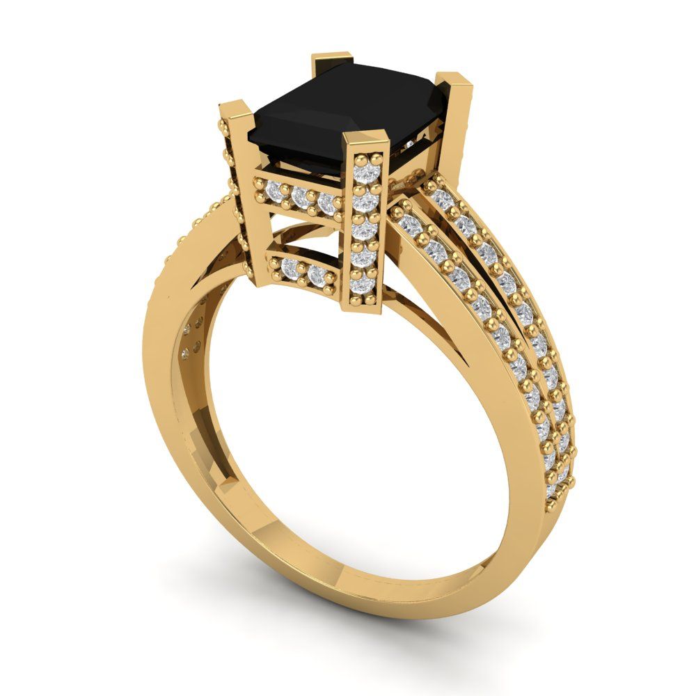 2.45 cttw Natural Onyx Solitaire with Zirconia Simulated Diamond Accents Engagement Ring - Solid Yellow Gold (VVS1, Emerald Cut,8x6mm)