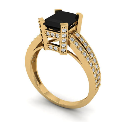 2.45 cttw Natural Onyx Solitaire with Zirconia Simulated Diamond Accents Engagement Ring - Solid Yellow Gold (VVS1, Emerald Cut,8x6mm)