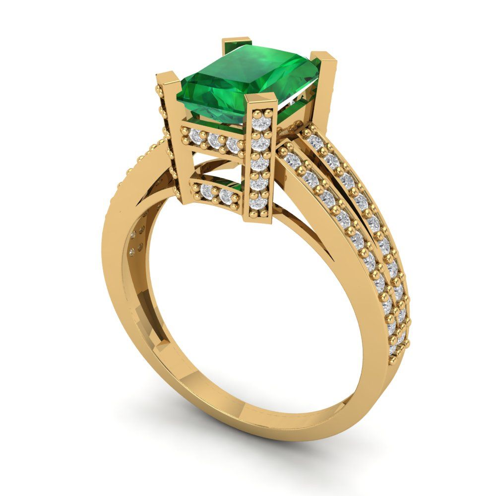 2.45 cttw Simulated Emerald Solitaire with Zirconia Simulated Diamond Accents Engagement Ring - Solid Yellow Gold (VVS1, Emerald Cut,8x6mm)