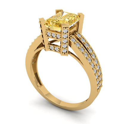 2.45 cttw Yellow Moissanite Solitaire with Zirconia Simulated Diamond Accents Engagement Ring - Solid Gold (Emerald Cut,8x6mm)