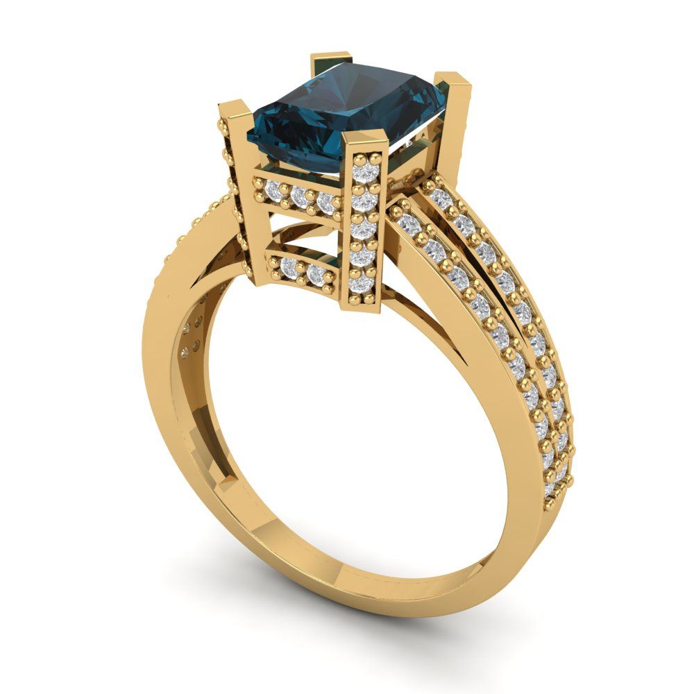2.45 cttw Natural London Blue Topaz Solitaire with Zirconia Simulated Diamond Accents Engagement Ring - Solid Yellow Gold (VVS1, Emerald Cut,8x6mm)