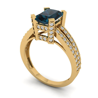 2.45 cttw Natural London Blue Topaz Solitaire with Zirconia Simulated Diamond Accents Engagement Ring - Solid Yellow Gold (VVS1, Emerald Cut,8x6mm)