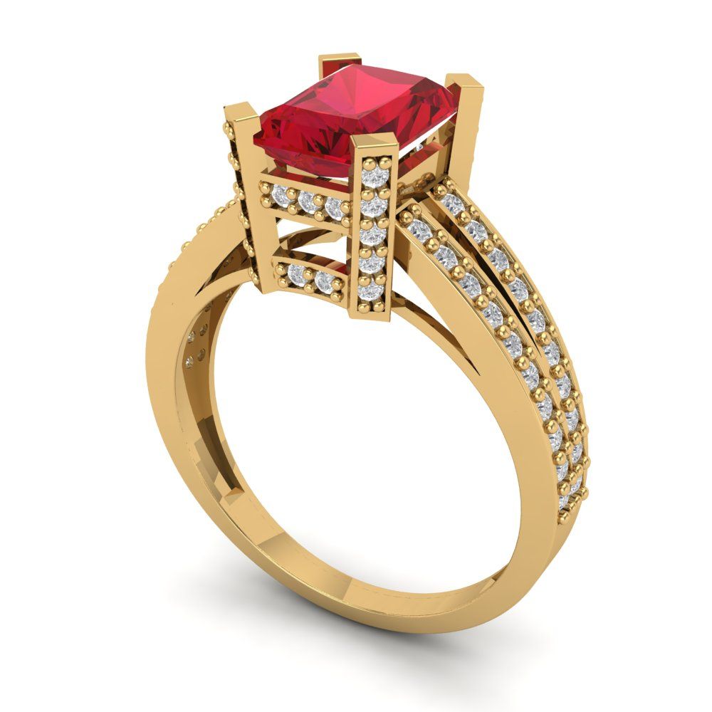 2.45 cttw Simulated Ruby Solitaire with Zirconia Simulated Diamond Accents Engagement Ring - Solid Gold (Emerald Cut,8x6mm)