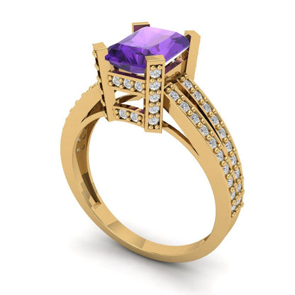2.45 cttw Natural Amethyst Solitaire with Zirconia Simulated Diamond Accents Engagement Ring - Solid Gold (Emerald Cut,8x6mm)