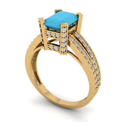 2.45 cttw Simulated Turquoise Solitaire with Zirconia Simulated Diamond Accents Engagement Ring - Solid Gold (Emerald Cut,8x6mm)