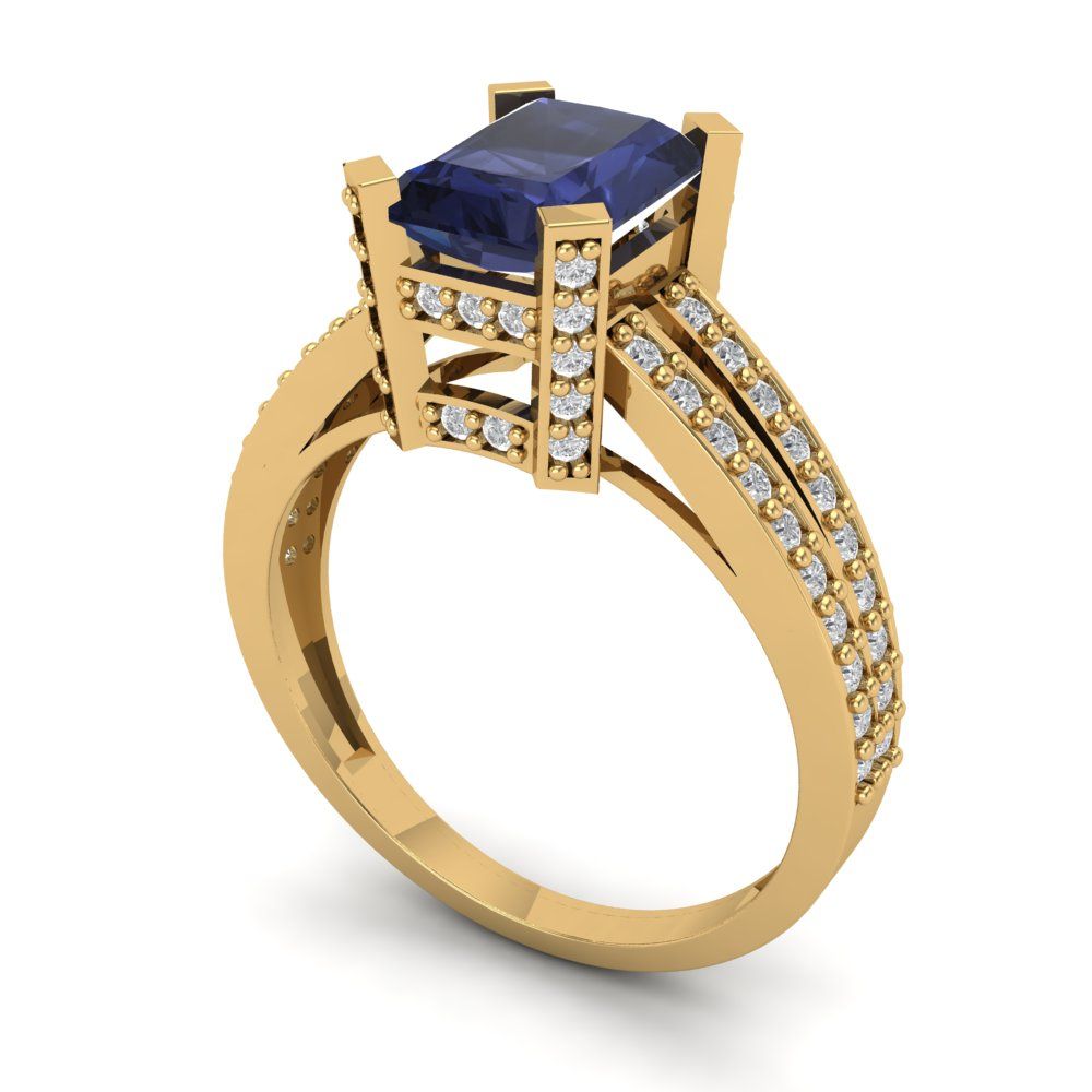 2.45 cttw Simulated Blue Sapphire Solitaire with Zirconia Simulated Diamond Accents Engagement Ring - Solid Gold (Emerald Cut,8x6mm)