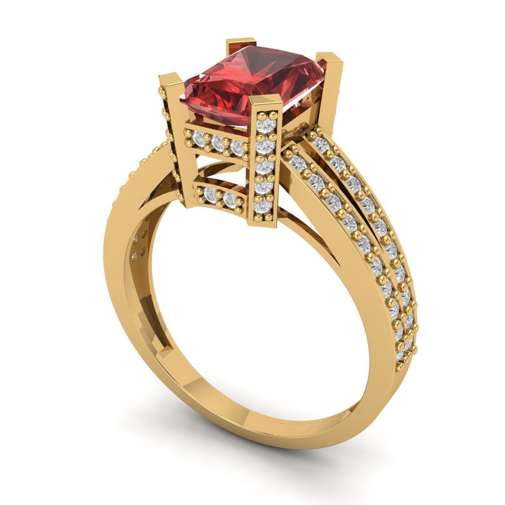 2.45 cttw Natural Garnet Solitaire with Zirconia Simulated Diamond Accents Engagement Ring - Solid Yellow Gold (VVS1, Emerald Cut,8x6mm)