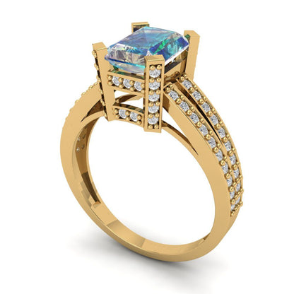 2.45 cttw Blue Moissanite Solitaire with Zirconia Simulated Diamond Accents Engagement Ring - Solid Gold (Emerald Cut,8x6mm)