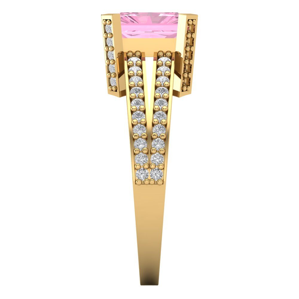 2.45 cttw Zirconia Simulated Pink Diamond Solitaire with Zirconia Simulated Diamond Accents Engagement Ring - Solid Yellow Gold (VVS1, Emerald Cut,8x6mm)