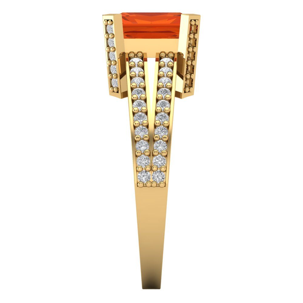 2.45 cttw Zirconia Simulated Red Diamond Solitaire with Zirconia Simulated Diamond Accents Engagement Ring - Solid Yellow Gold (VVS1, Emerald Cut,8x6mm)