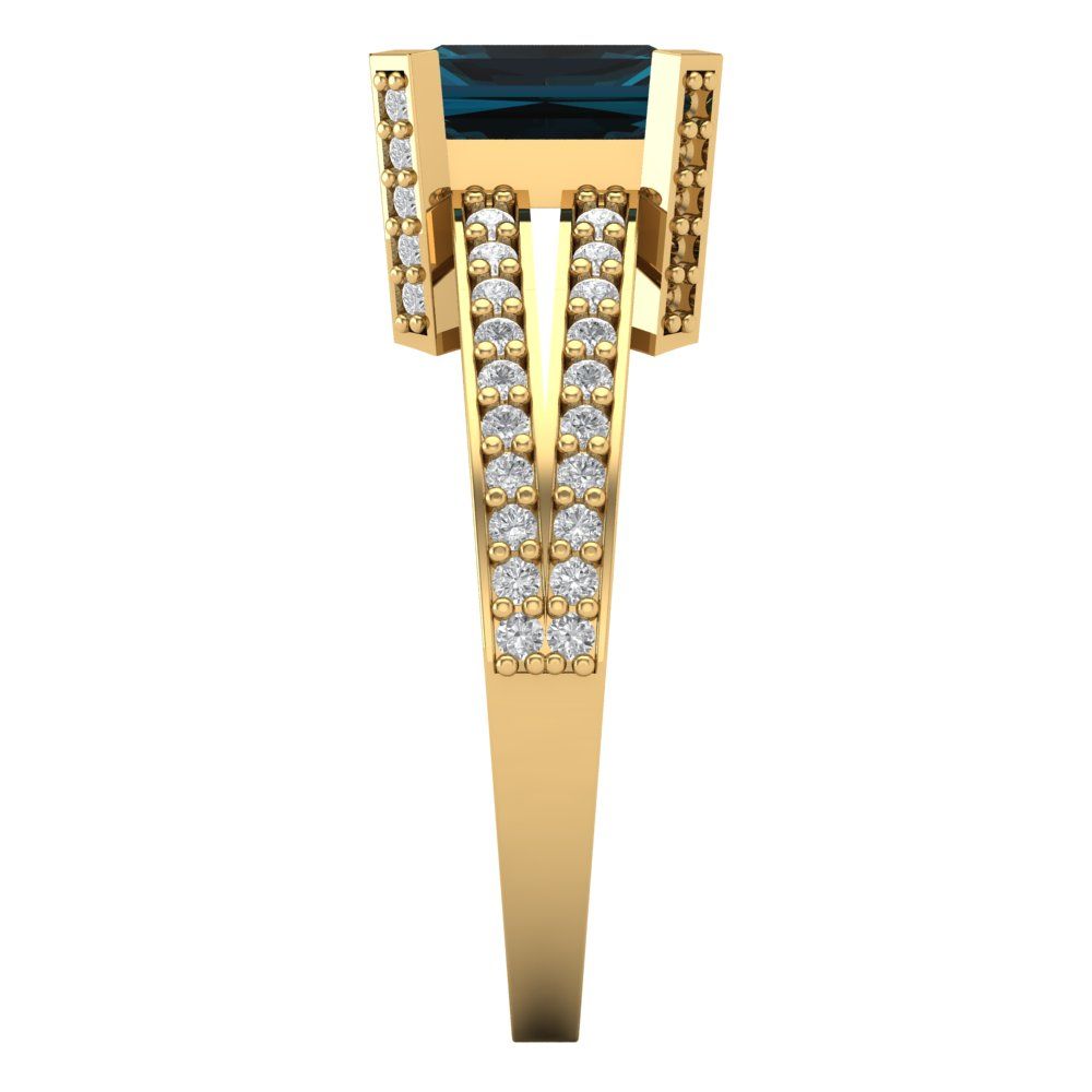 2.45 cttw Natural London Blue Topaz Solitaire with Zirconia Simulated Diamond Accents Engagement Ring - Solid Yellow Gold (VVS1, Emerald Cut,8x6mm)