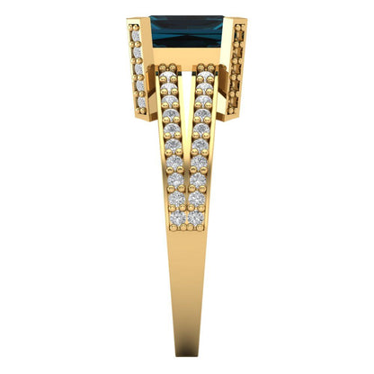2.45 cttw Natural London Blue Topaz Solitaire with Zirconia Simulated Diamond Accents Engagement Ring - Solid Yellow Gold (VVS1, Emerald Cut,8x6mm)