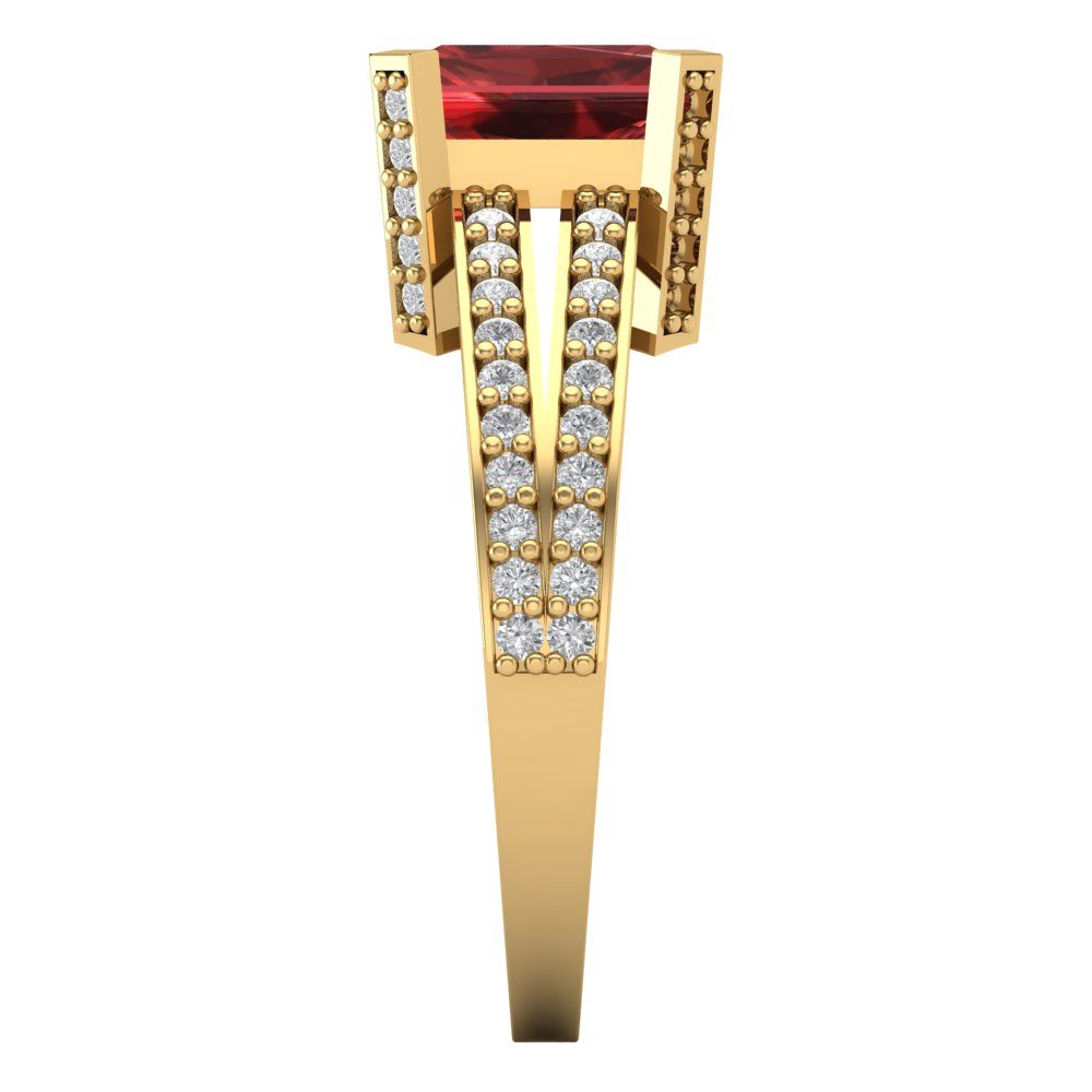 2.45 cttw Natural Garnet Solitaire with Zirconia Simulated Diamond Accents Engagement Ring - Solid Yellow Gold (VVS1, Emerald Cut,8x6mm)