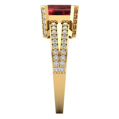 2.45 cttw Natural Garnet Solitaire with Zirconia Simulated Diamond Accents Engagement Ring - Solid Yellow Gold (VVS1, Emerald Cut,8x6mm)