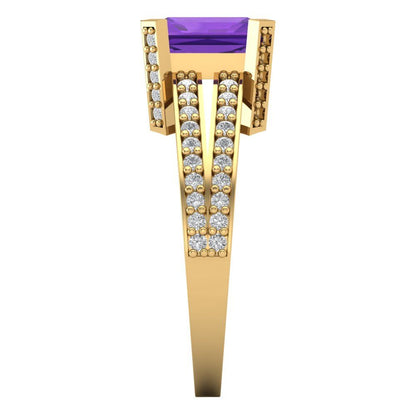 2.45 cttw Natural Amethyst Solitaire with Zirconia Simulated Diamond Accents Engagement Ring - Solid Gold (Emerald Cut,8x6mm)
