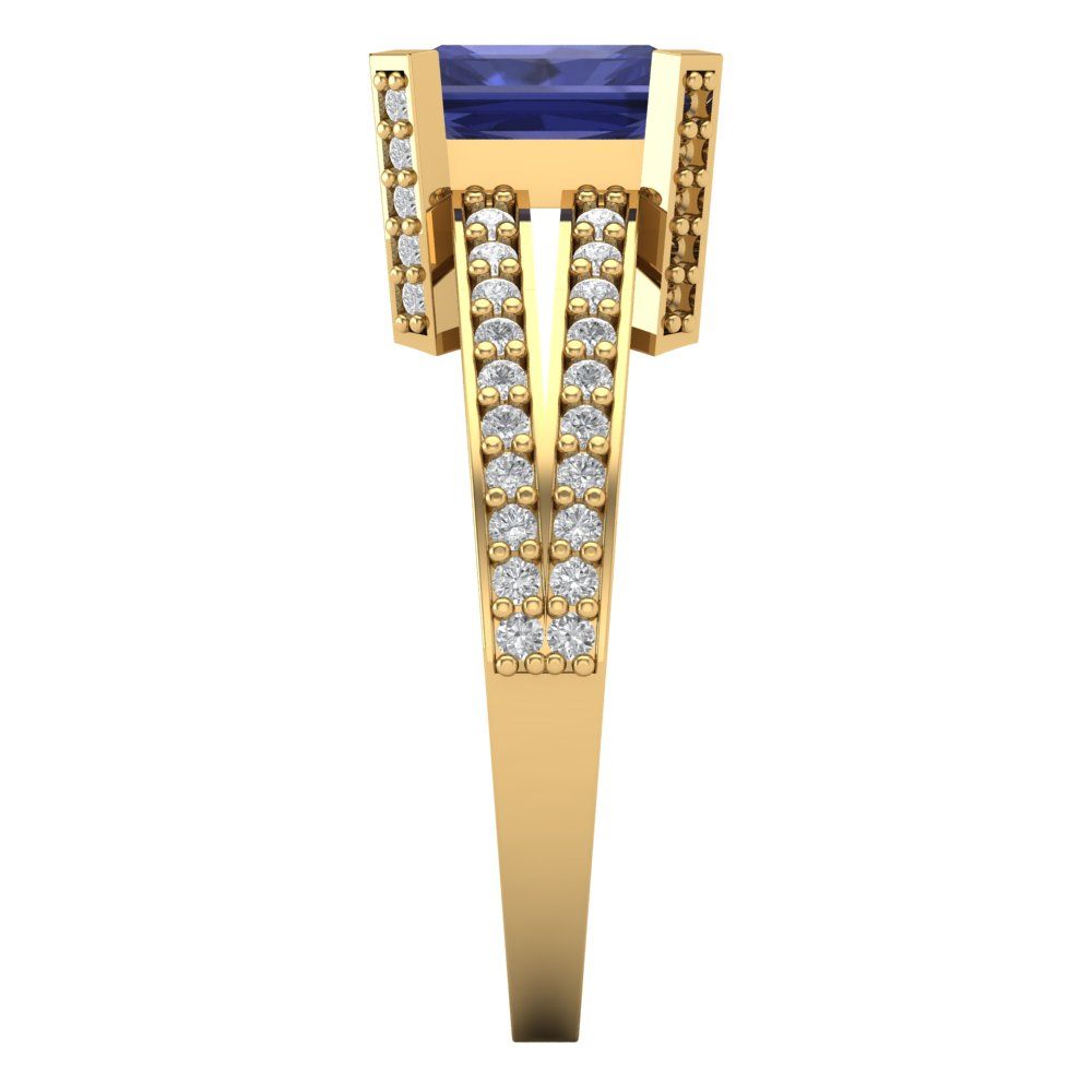 2.45 cttw Simulated Tanzanite Solitaire with Zirconia Simulated Diamond Accents Engagement Ring - Solid Gold (Emerald Cut,8x6mm)