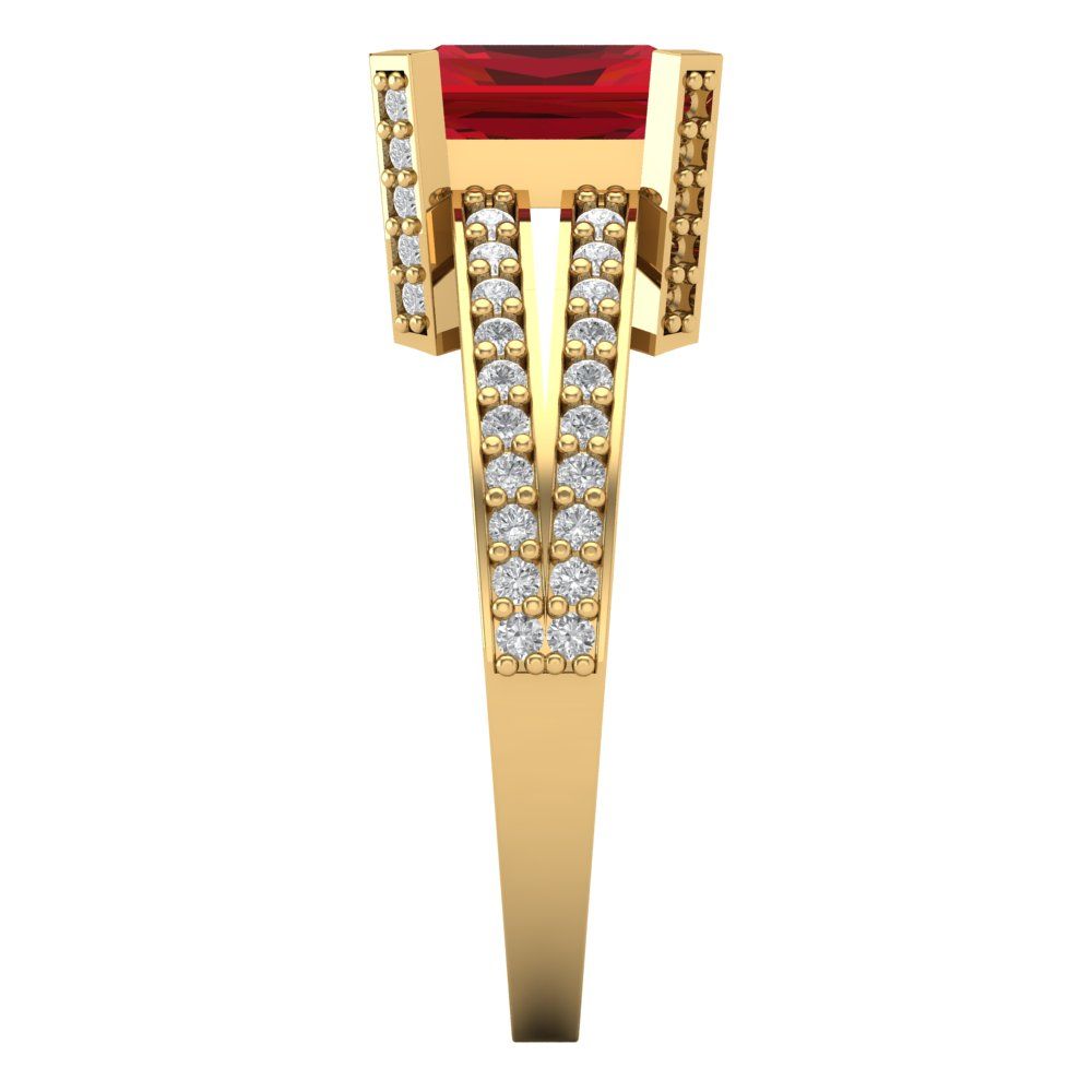 2.45 cttw Simulated Ruby Solitaire with Zirconia Simulated Diamond Accents Engagement Ring - Solid Gold (Emerald Cut,8x6mm)