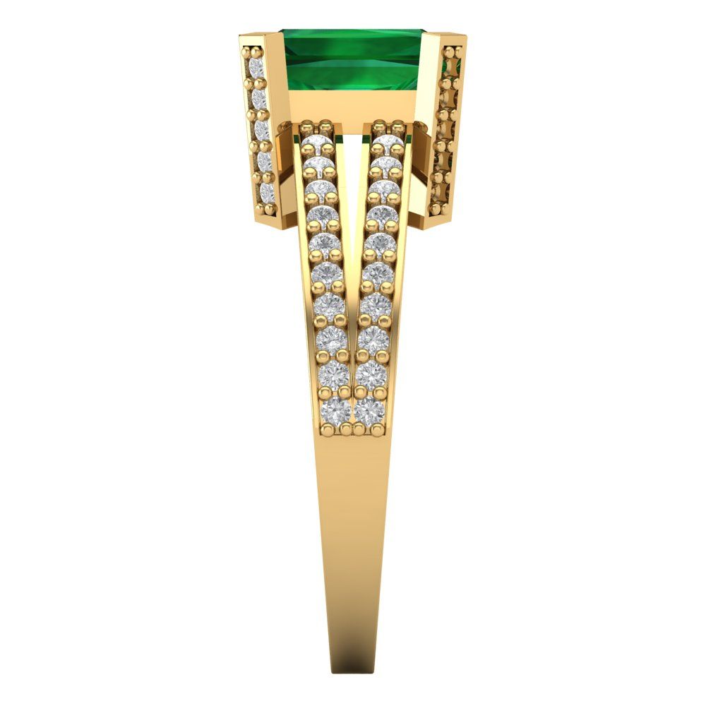 2.45 cttw Simulated Emerald Solitaire with Zirconia Simulated Diamond Accents Engagement Ring - Solid Yellow Gold (VVS1, Emerald Cut,8x6mm)