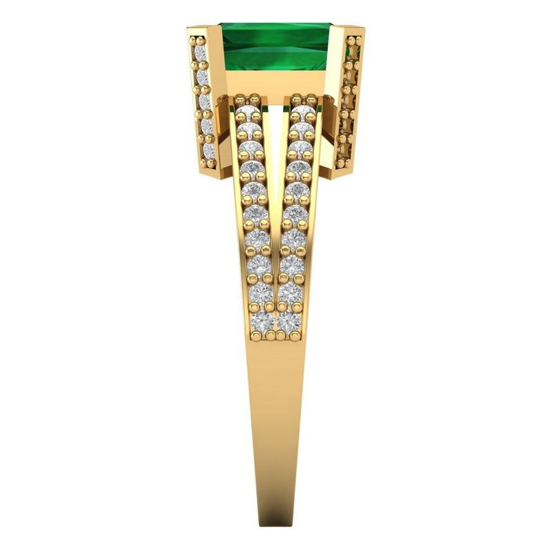 2.45 ct Brilliant Emerald Cut Simulated Emerald Stone Yellow Gold Solitaire with Accents Ring