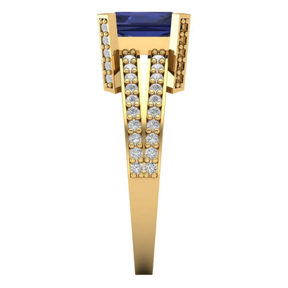 2.45 cttw Simulated Blue Sapphire Solitaire with Zirconia Simulated Diamond Accents Engagement Ring - Solid Gold (Emerald Cut,8x6mm)