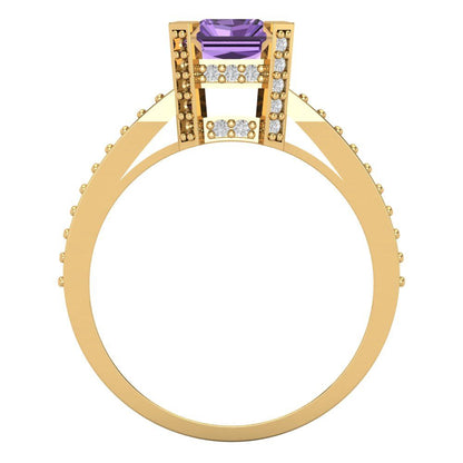 2.45 cttw Simulated Alexandrite Solitaire with Zirconia Simulated Diamond Accents Engagement Ring - Solid Yellow Gold (VVS1, Emerald Cut,8x6mm)