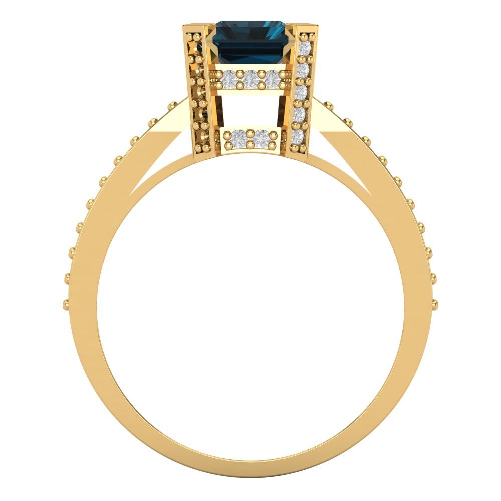 2.45 cttw Natural London Blue Topaz Solitaire with Zirconia Simulated Diamond Accents Engagement Ring - Solid Yellow Gold (VVS1, Emerald Cut,8x6mm)