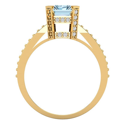 2.45 cttw Natural Aquamarine Solitaire with Zirconia Simulated Diamond Accents Engagement Ring - Solid Gold (Emerald Cut,8x6mm)